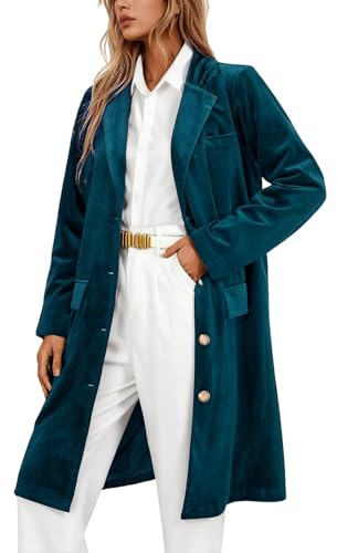 Trench Coat - Giacca da donna in velluto, a maniche lunghe, con risvolto, vintage, elegante, giacca invernale lunga, cardigan, cardigan, cardigan, blazer in velluto aperto, monopetto, O celeste, S