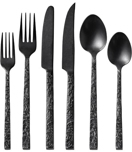 KINGSTONE 48 Pcs Black Hammered Silverware Set with Steak Knives for 8, 18/10 Stainless Steel Heavy Duty Flatware Set, Tableware Cutlery Utensil Sets for Home Restaurant Dishwasher Safe