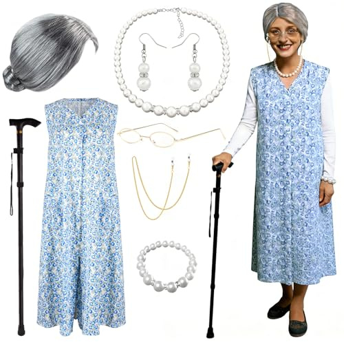 CHMMY Costume de grand-mère - 8 pièces - Perruque de grand-mère, robe florale, lunettes avec chaîne de lunettes, bijoux en perles et canne pliable, déguisement rétro de grand-mère