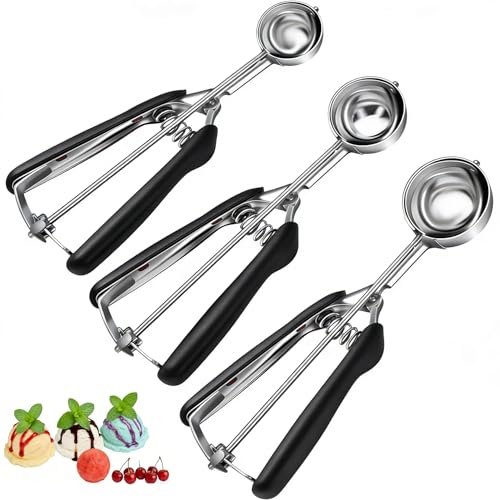 Cookie Scoop Set,3 Sizes Stainless Steel Ice Cream Scoops with Easy Release | Large Medium Small Scooper for Baking, Ice Cream, Meatballs, Melon Balls & Cupcakes (3, Black)