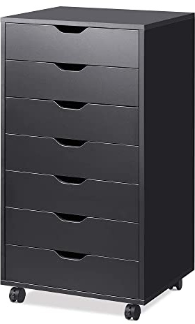 DEVAISE 7-Drawer Office Cabinets, Wood Storage Drawer File Cabinet with Wheels, Black