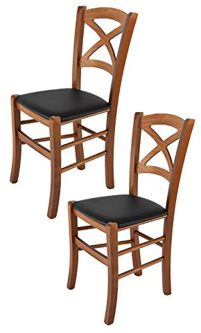 Tommychairs - 2er Set Stühle CROSS für Küche und Esszimmer, Struktur aus lackiertem Buchenholz im Farbton Helles Nussbraun und gepolsterte Sitzfläche mit KUNSTLEDER in der Farbe Schwarz bezogen
