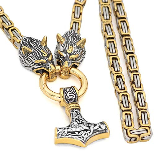 GuoShuang Men Wolf head norse viking amulet thor hammer pendant necklace -stainless steel king chain