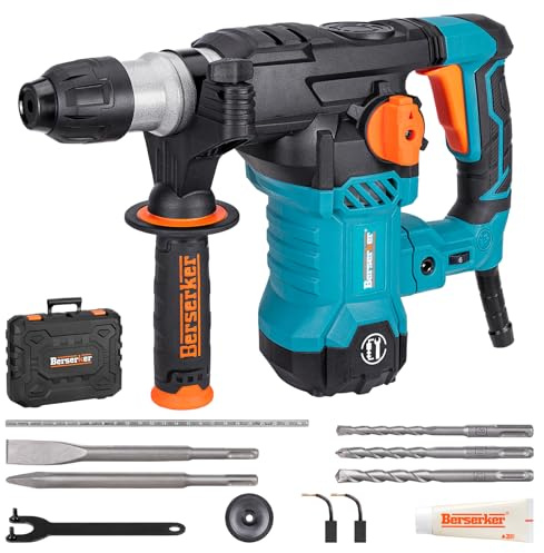 Berserker 1-1/4 SDS-Plus Rotary Hammer Drill with Vibration Control,Safety Clutch,12.5 Amp 4 Functions Corded Rotomartillo for Concrete-Including 3 Drill Bits,Flat Chisel,Point Chisel,Carrying Case