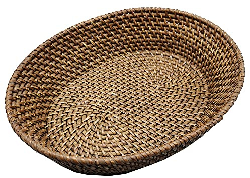 amololo 14 Inch Oval Rattan Basket, Handmade Wicker Serving Basket Tray with 3.5 Inch Raised Sides, Large Rattan Fruit Bowl, Coffee Table Décor for Bread, Snack, Makeup, Valet, Odds and Ends, L, Brown