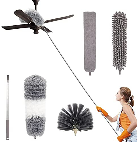 LAP0N0 5PCS Feather Duster kit Extendable,100 inch Telescopic Extension Pole Detachable Bendable and Washable Microfiber Chenille Duster Reusable Gap Crevice Brush for Cleaning Dust Cobwebs On High