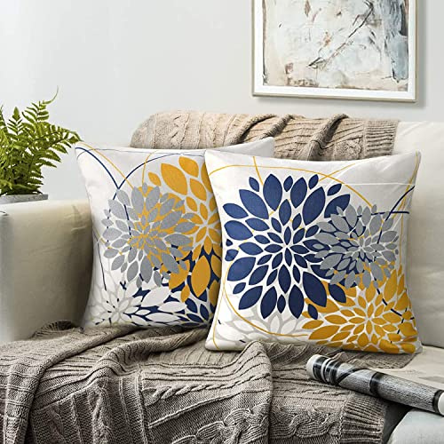 Dekor Pillow Covers 50x50 Kissenbezug Navy Blau Gelb Dekokisse Kissenhüllen Blumen Kissenhülle Elegant Leinen Abstraktgeometrisch Dahlie Kissenbezüge Passend Für Zuhause Sofa Couch Kissen，2er Set