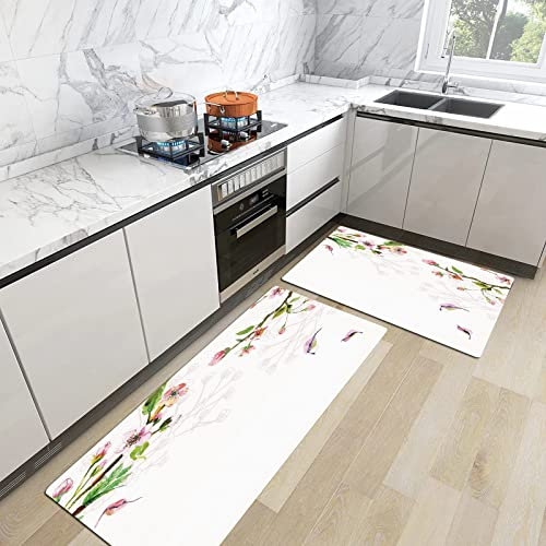 2stk Küchenteppich Waschbar rutschfest Küchenmatte,Aquarell, Apfelbaum blüht in der Frühjahrssaison Zweige fallen Blätter romantisch deko,Küchenläufer Fußmatte Teppich Läufer Badematten 45x70+45x120cm