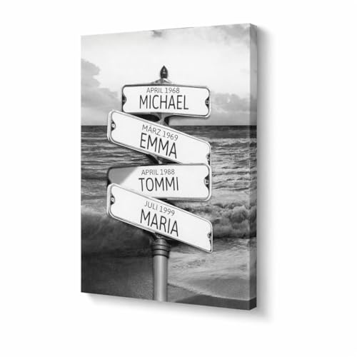 Deutsam Individuelle Leinwand Straßenschilder Strand sw Geschenk zum Muttertag Vatertag mit eigenem Namen Wohndeko Bild Keilrahmen Geschenkidee für Mama oder Papa