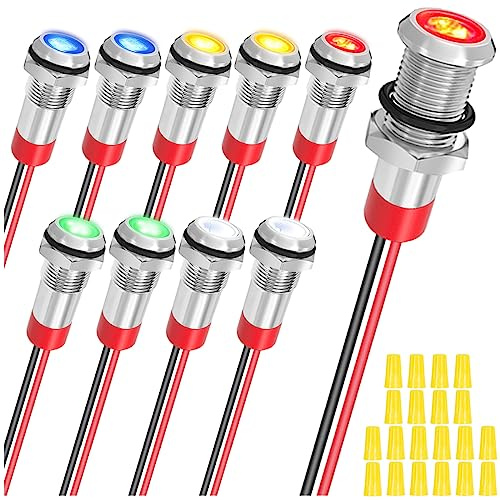 10Pcs AC/DC12-24V LED Indicator Lights 1/4(6mm)Waterproof Flat Head Indicator Signal Lamp 5Color(Red/Yellow/Blue/Green/White)with 150mm Cable Length Metal LED Indicator Light and Wiring Cap MKBKLLJY