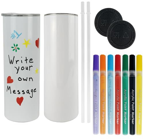 Create Your Own Personalized Gifts, (2) White 20 oz Insulated Tumbler Mugs with Lids, (1) Set of 7 Acrylic Paint Pens