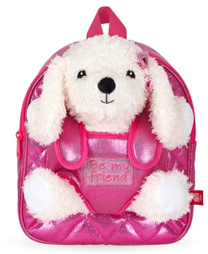 PERLETTI Kuscheltier Rucksack Mädchen mit Pudel Plüschtier - Pink Schultasche Kindergarten mit Plüsch Hündchen - Rosa Kindertasche für Kinder 3 4 5 6 Jahre