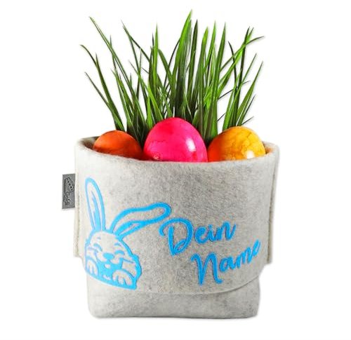 Osterkörbchen personalisiert mit Namen ostern geschenke kinder osternest aus Wollfilz Osterhase und Personalisierung mit Flockfolie beplottet (Blau)
