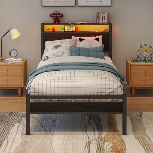 BORPHOM Single Bed with Storage Wooden Headboard,Heavy Duty 3ft Metal Platform Single Bed Frame with Charging Station,LED Lights,No Box Spring Needed,Strong Steel Slats Support,Noise Free,Black