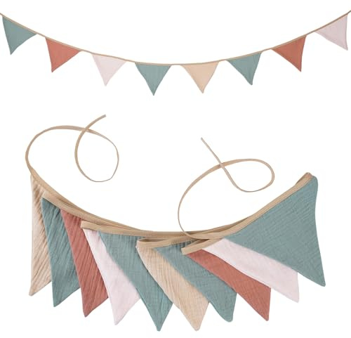 Sugeru® Guirlande de fanions pour chambre d'enfant, 100 % mousseline de coton, décoration de lit de bébé, accessoire pour lit d'enfant, fille, garçon, enfant, anniversaire (vieux rose et beige)