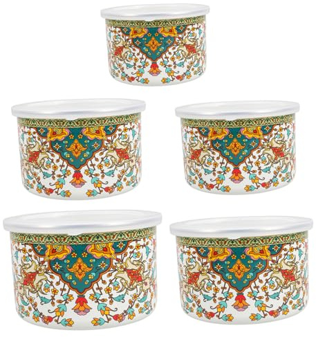 PAMINGONO 5piezas Cuencos Esmaltados con Tapas Herméticas para Servir y Mezclar Alimentos para Sopa y Comida Vajilla Esmaltada Duradera y Decorativa
