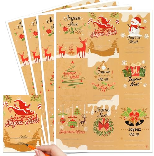 HOWAF Etiquette Cadeau Noel, 144 pièces Etiquette Autocollant Noël en Français Joyeux Noël Auto-adhésif Stickers Étiquettes Cadeaux Noel Autocollante pour identifier et Décoration de Cadeau Noël