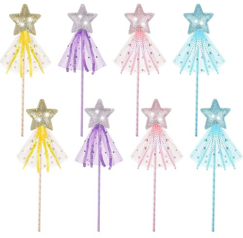 TRKETK 8 Stück Zauberstäbe für Kinder, Fee Glitzer Stern Zauberstab Prinzessinnen Zauberstab Feenstab mit Glänzendem Fünfzackigem Stern und Skaliert für Party, Geburtstag, Halloween, Weihnachten