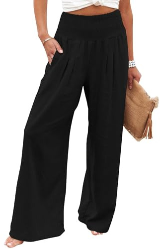 Imuedaen Leinenhose Damen Sommer Hose Casual Leinen Leicht Hosen Weites Bein Palazzo Freizeithose Hohe Taille Einfarbig Sommerhose Stoffhose mit Taschen (Schwarz, L)
