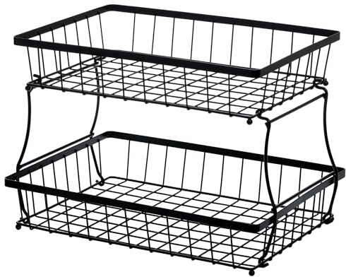 HOSY 2-stöckiger Obstkorb aus Metall, 36 cm rechteckig, schwarz, stehend | Ganzmetall, abnehmbares Design, werkzeuglose Montage, vielseitiger Küchen-Arbeitsplatten-Organizer, Gemüse, Brot, Gewürze
