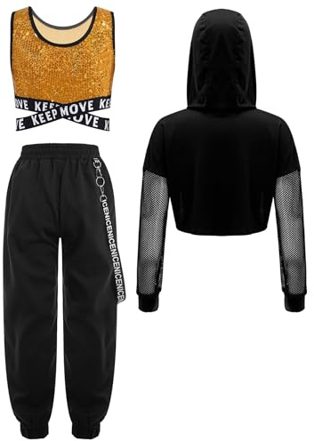 Manyakai Conjunto de Chándal de Tres Piezas para Niñas de Baile Callejero Hip Hop con Sudadera Corta+Chaleco Lentejuelas+Pantalones Cargos Traje de Danza 5-16 Años Dorado 11-12 años