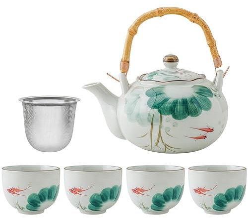 Japanese Tea Sets Tea Kettle with Removable Loose Tea Leaf Infuser Teapot and Cups Set - 1 Porcelain Teapot (22oz) with Bamboo Handle and Stainless Steel Strainer, 4 Teacups (5oz) Lotus Koi