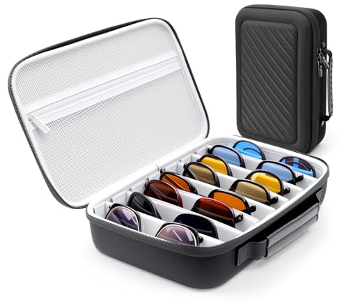 Krypthos Travel Sunglasses Organizer Case, Portable Eyeglasses Storage Box, Adjustable Multi-Compartments & Crushproof Design, Holds Up to 8 Pairs, Eyewear Display Case for Men Women