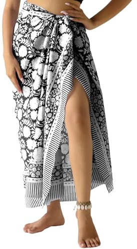 THE ART BOX Sarong Pareo 100% Algodón para Mujer con Estampado de Bloques Indios Hechos a Mano, Falda Envolvente para Traje de Baño, Cobertor de Playa para Bikini, Largo (73 x 43), negro (Floral