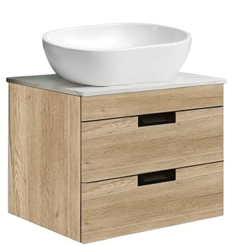 BELOFAY 600mm Wall Mounted Vanity Unit with Basin | Two Soft-Close Drawers | Modern Floating Design with Countertop Basin & White Wooden Worktop | Wood Grains