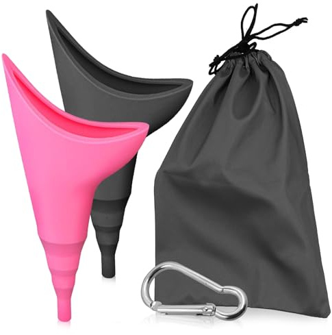 2 Sätze Tragbar Urinella für Frauen mit Kordelzugbeutel und Karabiner, Wiederverwendbarer Urinierhilfe für Frauen, Frauenurinal für Unterwegs, Reisegadgets, Camping Toiletten(Rosa+Schwarz)
