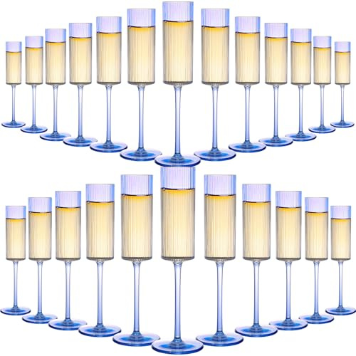 yptniginu 24 Pcs Blue Champagne Flutes 6 oz Ribbed Plastic Champagne Glasses with Long Stem Crystal Disposable Cocktail Cups for Party, Wedding, Birthday (Blue)