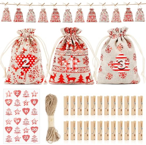 Calendario de Adviento DIY para rellenar, 24 unidades, calendario de Adviento, saco, manualidades con cuerda de cáñamo y placas de números de madera, bolsas vacías para calendario de adviento para