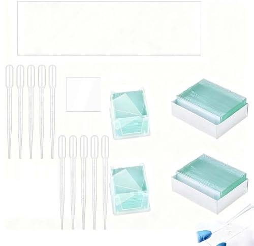 CLDURHGE 100 Stück Vorgereinigte Mikroskop-Objektträger und 200 Stück Mikroskop-Abdeckgläser mit 10 Tropfern, 76,2x25,4 mm für Biologische Präparate, Hochwertige Glasqualität, Perfekt für Forschung