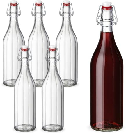 Paluplus 6 Bottiglie in Vetro Costolata da 1 Litro, Misura 10x30 cm, Bottiglia Vintage con Tappo a Ermetico a chiusura meccanica e guarnizione, per acqua, olio, vino e liquore -8689F -4,7