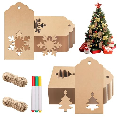 200Pcs Christmas Kraft Paper Gift Tags Blank Brown Wrapping Tags Hollow Snowflake Xmas Tree Shape Hanging Labels with 40 Meters Strings for Birthday Wedding Gift Wrapping DIY Crafts Decorating