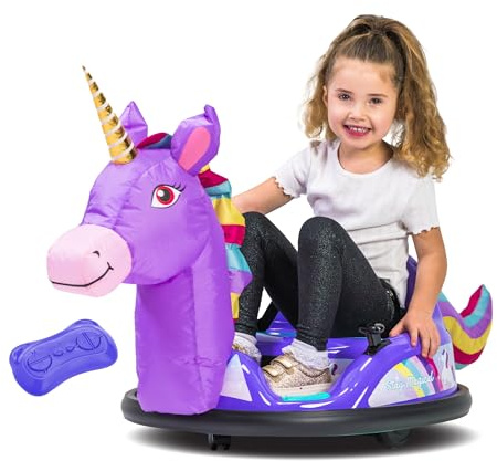 ImaginAir 6V Unicorn Toys Bumper Car - Kids Electric Car, Ride On Toddler Toy, Toddler Boys, w/Music, Parent Remote Control, LED Light, 360° Spin, 1 MPH, Auto-inflated, Max Weight of 66lbs, Age 1.5-4