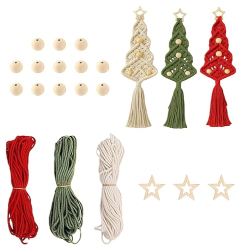 LUMOOM Set di 3 pezzi macramè di Natale, kit fai da te albero di Natale, decorazioni natalizie, filo di cotone decorazione natalizia, set artigianale boho per adulti e bambini (A)