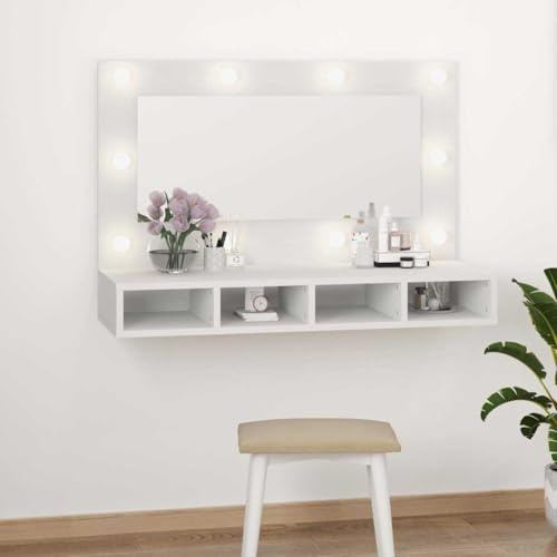 Frdhee Armoire de salle de bain, étroite, à miroir, avec LED, blanche, 90 x 31, 5 x 62 cm, lavabo sur pied pour salle de bain, salon, salle à manger, cuisine