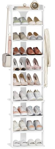 Hzuaneri Schuhregal, 10 Ebenen, Platzsparend, mit Haken, 40B cm, Weiß | Holz-Schuh-Organizer, Verstellbar, Geeignet für Eingang, Flur, Wohnzimmer, SR22003X