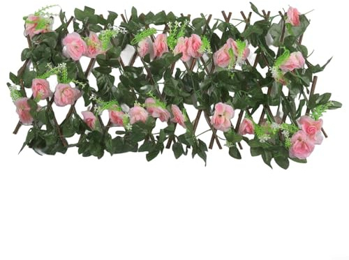 Haie artificielle, treillis en bois extensible avec feuilles pour jardin, cour, mur, terrasse, brise-vue (rose clair)