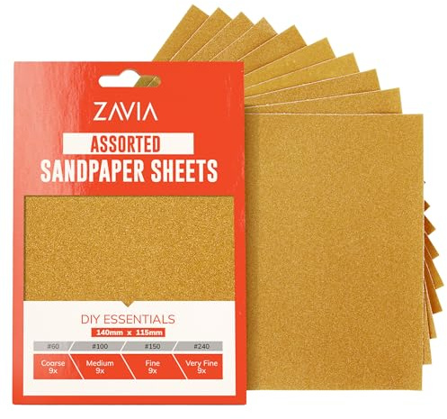 ZAVIA Sandpaper for Wood & Walls | Assorted Sand Paper sheets 36Pcs (60 Grit x 9) (100 Grit x 9) (150 Grit x 9) (240 Grit x 9) | Sanding Sheets for Rust Removal, Paint stripper & Furniture Restoration
