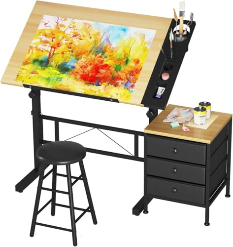 Dripex Art Drawing Table, Tiltable Craft Desk with Stool & Storage Drawers