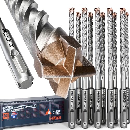 PRESCH SDS plus Bohrer 8mm (10 Stk.) – Betonbohrer mit 4 Vollhartmetallschneiden – Exakte Bohrtiefe dank Dübellängen-Indikator – Steinbohrer, SDS Plus Bohrer Set für Stahlbeton, Granit & Mauerwerk