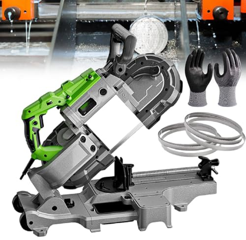 Portable Deep Cut Band Saw for Metal and Wood, 0-45° Angle Cutting, Foldable Design, Includes Multiple Saw Blades and Gloves for Versatile Use