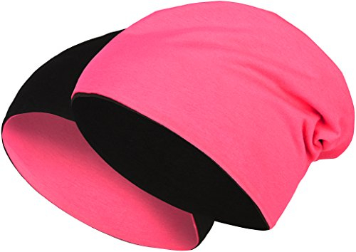 2 in 1 Wendemütze - Reversible Slouch Long Beanie Jersey Baumwolle elastisch Unisex Herren Damen Mütze Heather in 24 (8) (Black/Pink)