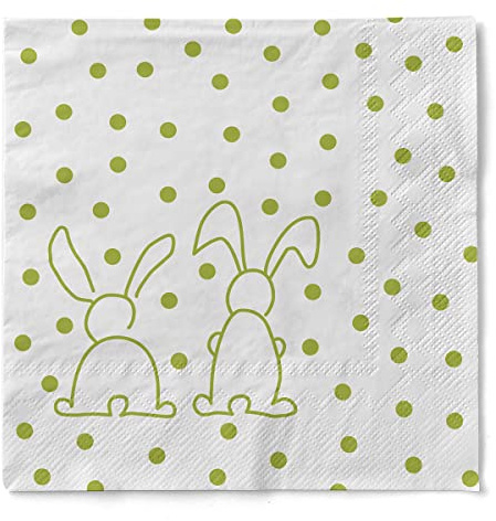 Sovie HOME Serviette RABBITS in Kiwigrün aus 3-lagigem Tissue, 33x33cm, 1/4 Falz, 20 Stück, Osterdesign mit kiwigrünen Punkten & niedliche Hasen, saugstarke Papierservietten