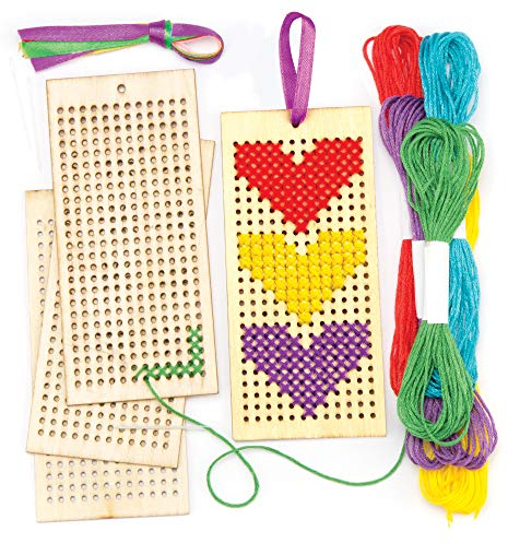 Kit per Segnalibri in Legno Ricamati a Punto Croce per Bambini da Ideare, Ricamare ed Esporre (Confezione da 4)