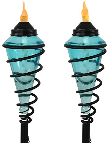 Sunnydaze Glass Patio Torch Set of 2-25 to 66-Inch - Outdoor Patio and Lawn Torches with Adjustable Height for Garden, Deck & Backyard - Blue