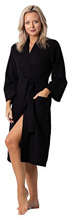 Turkish Linen Waffle Knit Lightweight Kimono Spa & Bath Robes for Women - Quick Dry - Soft (Black, Large)