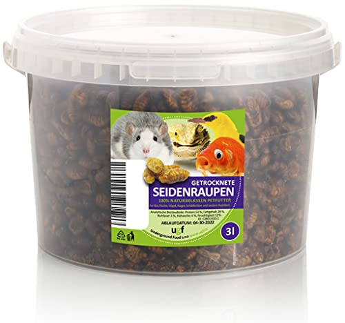 UGF - Koi Seidenraupen getrocknet 3 Liter Eimer, Koi Futter & Fischfutter Teichfische, Insekten Futter für Fische, Vögel, Hamster, Igel, Nager, Eidechsen, Schildkröten, Karpfen